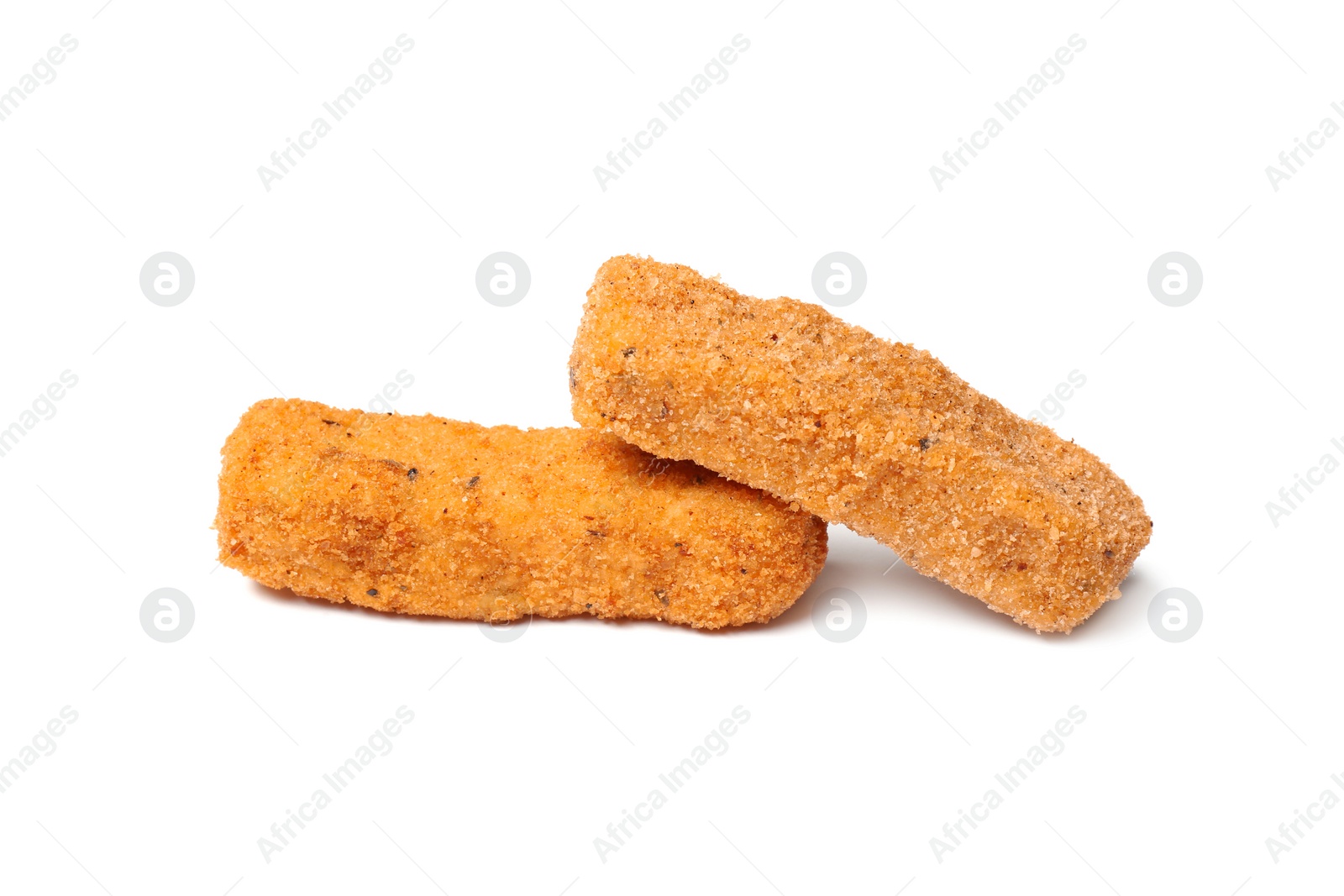 Photo of Tasty crispy cheese sticks isolated on white
