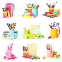 Set of bright school stationery on white background