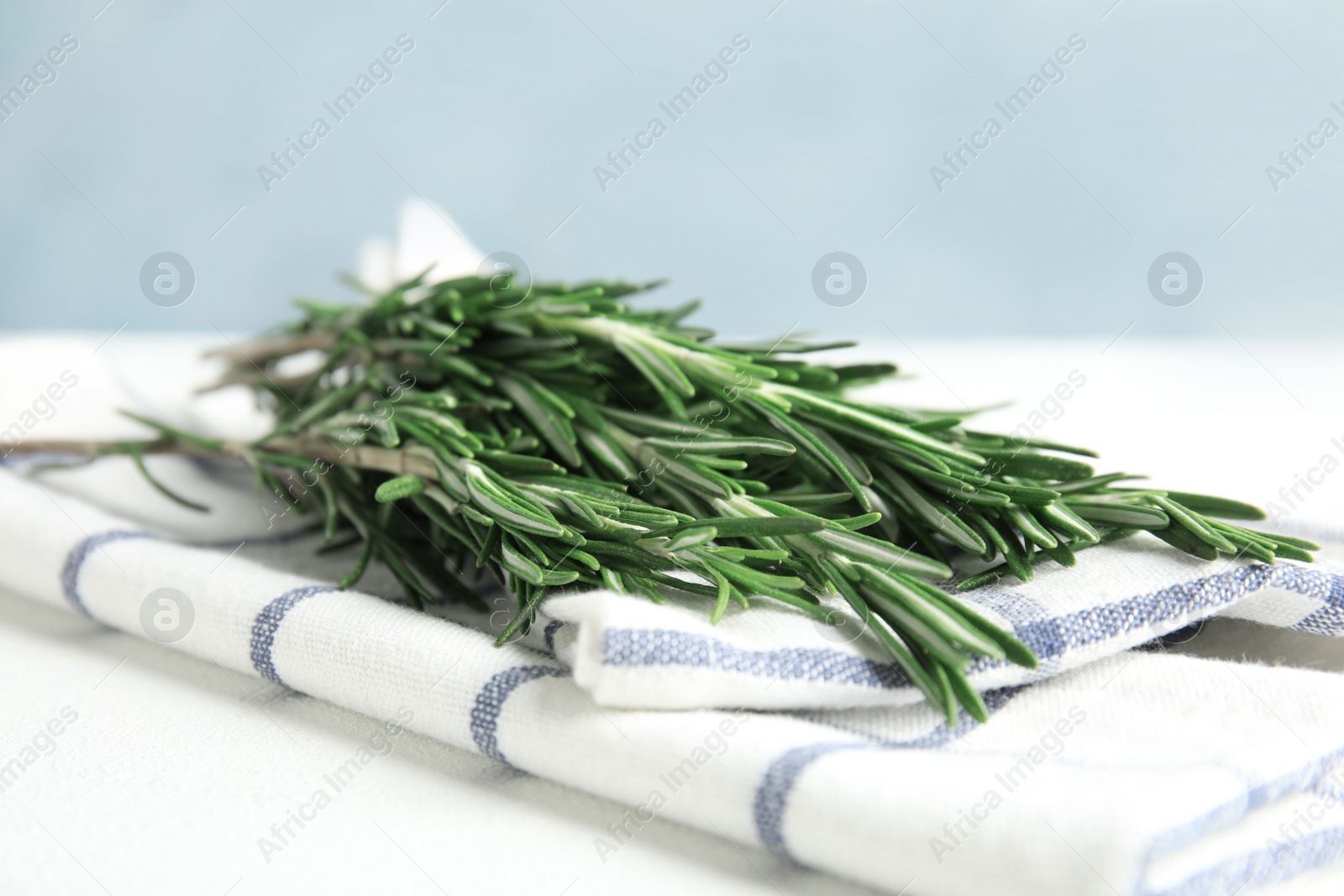 Photo of Fresh green rosemary and napkin on table