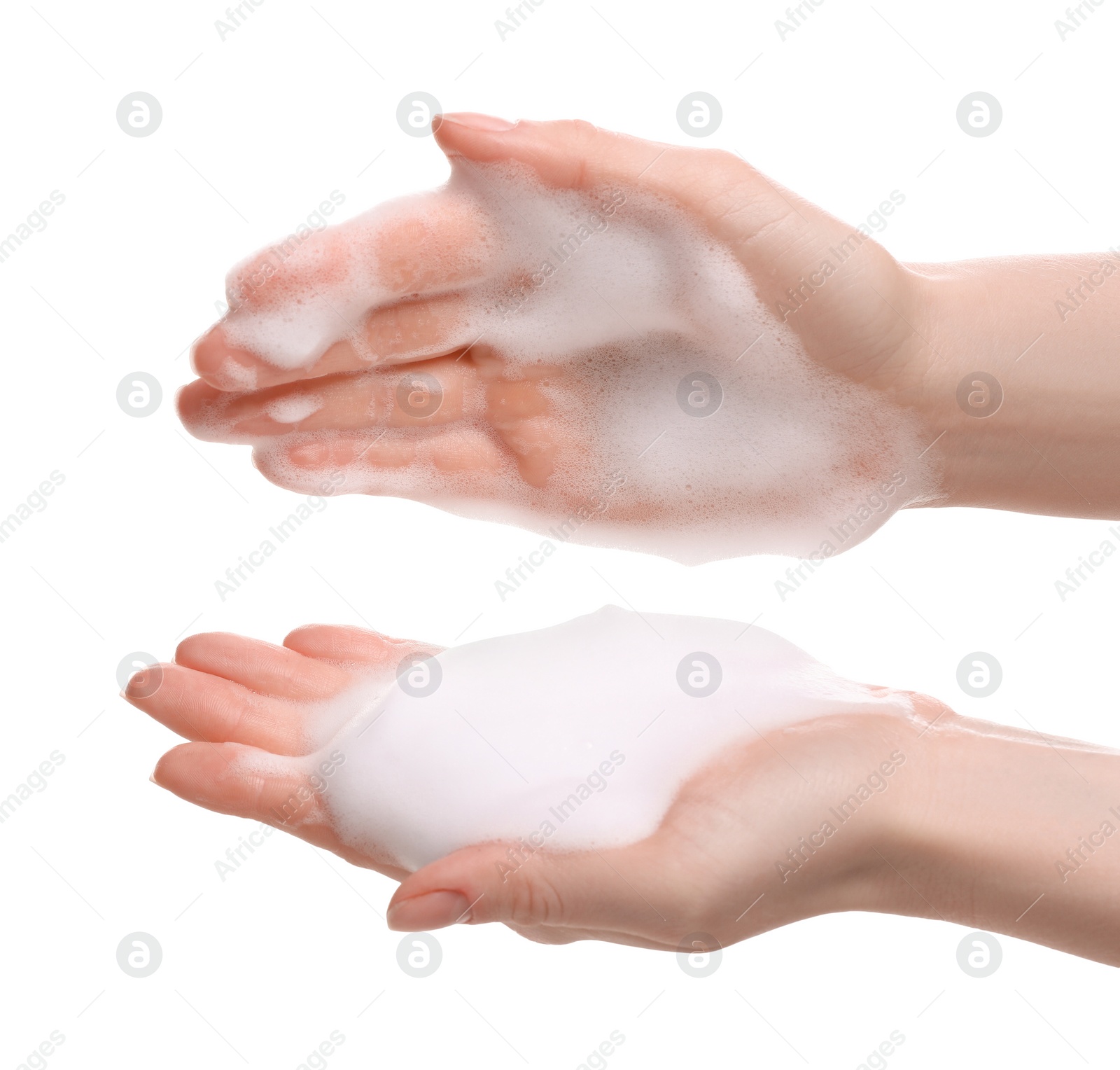 Photo of Woman with bath foam on white background, closeup