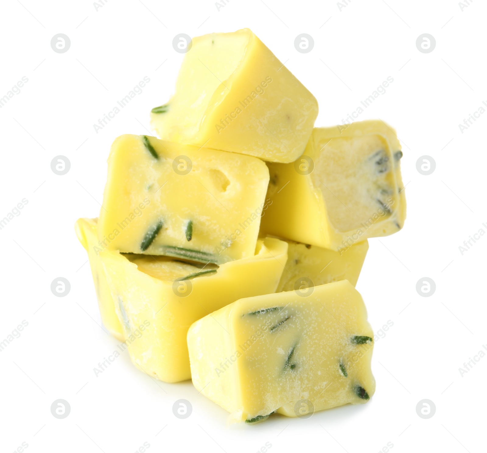 Photo of Rosemary and olive oil ice cubes on white background