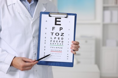 Photo of Ophthalmologist pointing at vision test chart in clinic, closeup