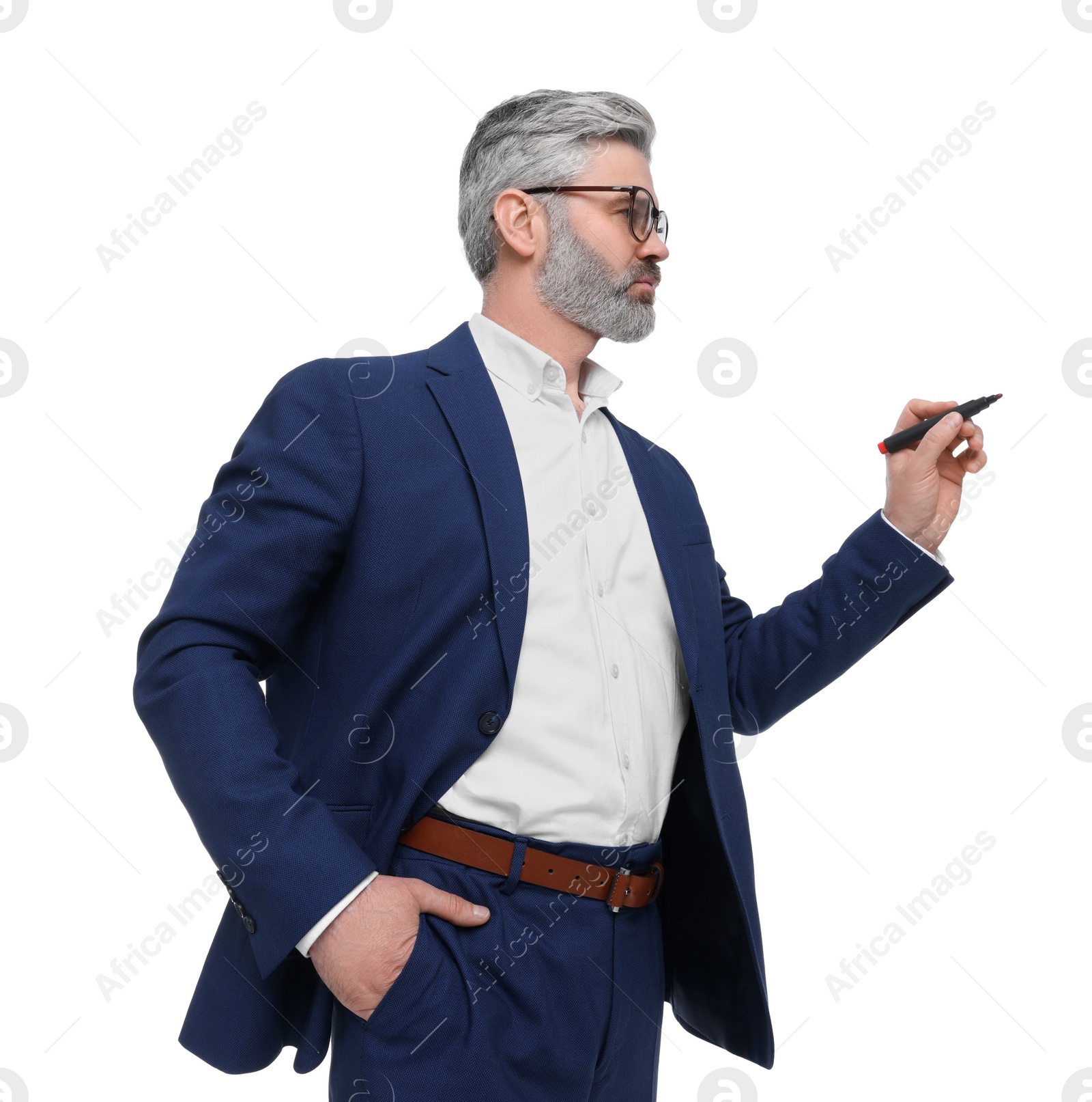 Photo of Mature businessman with marker on white background, low angle view