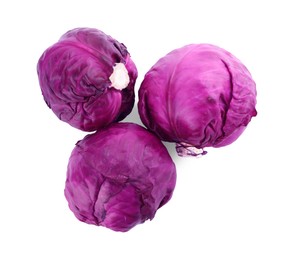Fresh ripe red cabbages on white background, top view