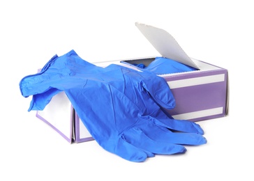 Photo of Box of new medical gloves isolated on white