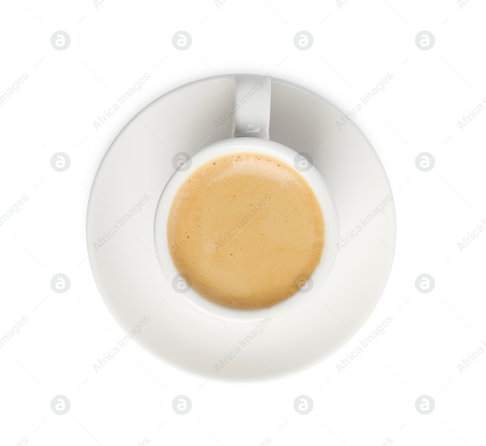 Photo of Aromatic coffee in cup isolated on white, top view