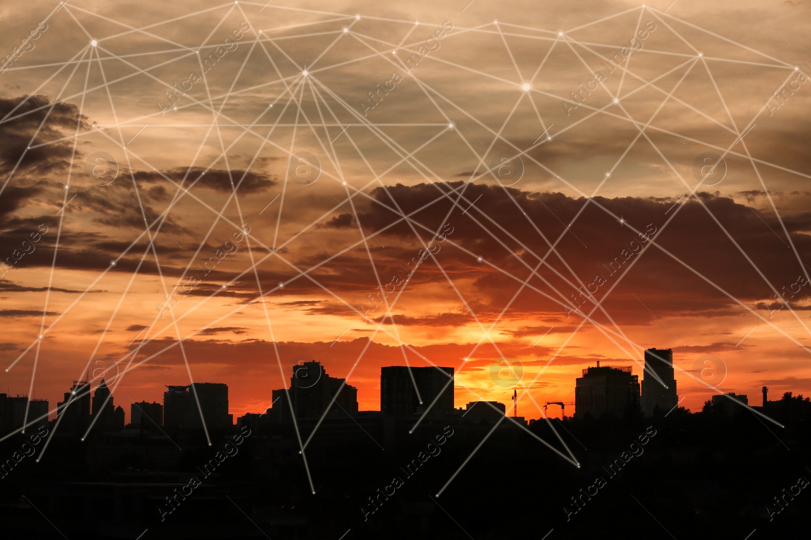 Image of Beautiful cityscape and network connection lines. Cloud technology