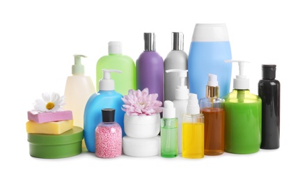 Photo of Composition of body care products on white background