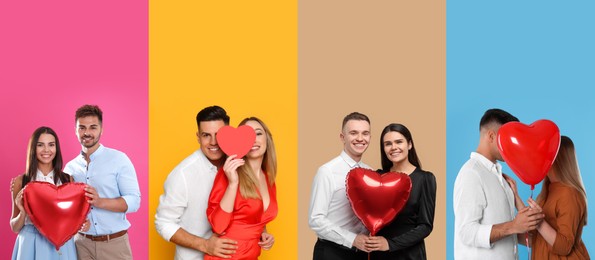 Romantic date. Different lovely couples on color backgrounds, set of photos