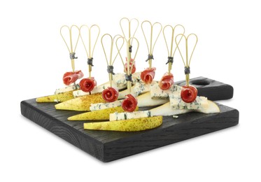 Photo of Tasty canapes with pears, blue cheese and prosciutto isolated on white