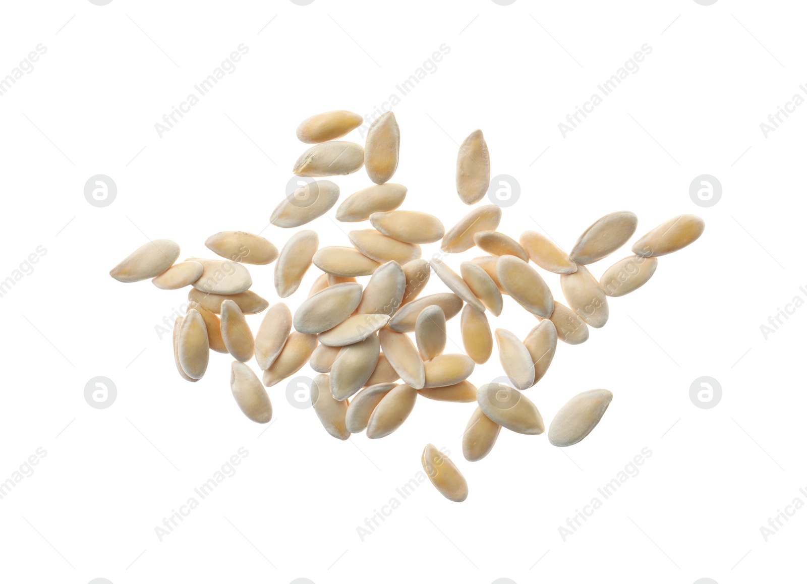 Photo of Pile of raw melon seeds on white background, top view. Vegetable planting