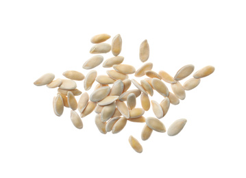 Pile of raw melon seeds on white background, top view. Vegetable planting