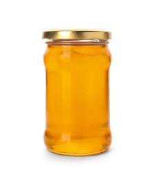 Photo of Jar with delicious honey on white background