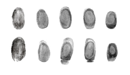 Image of Set of different fingerprints on white background, top view 