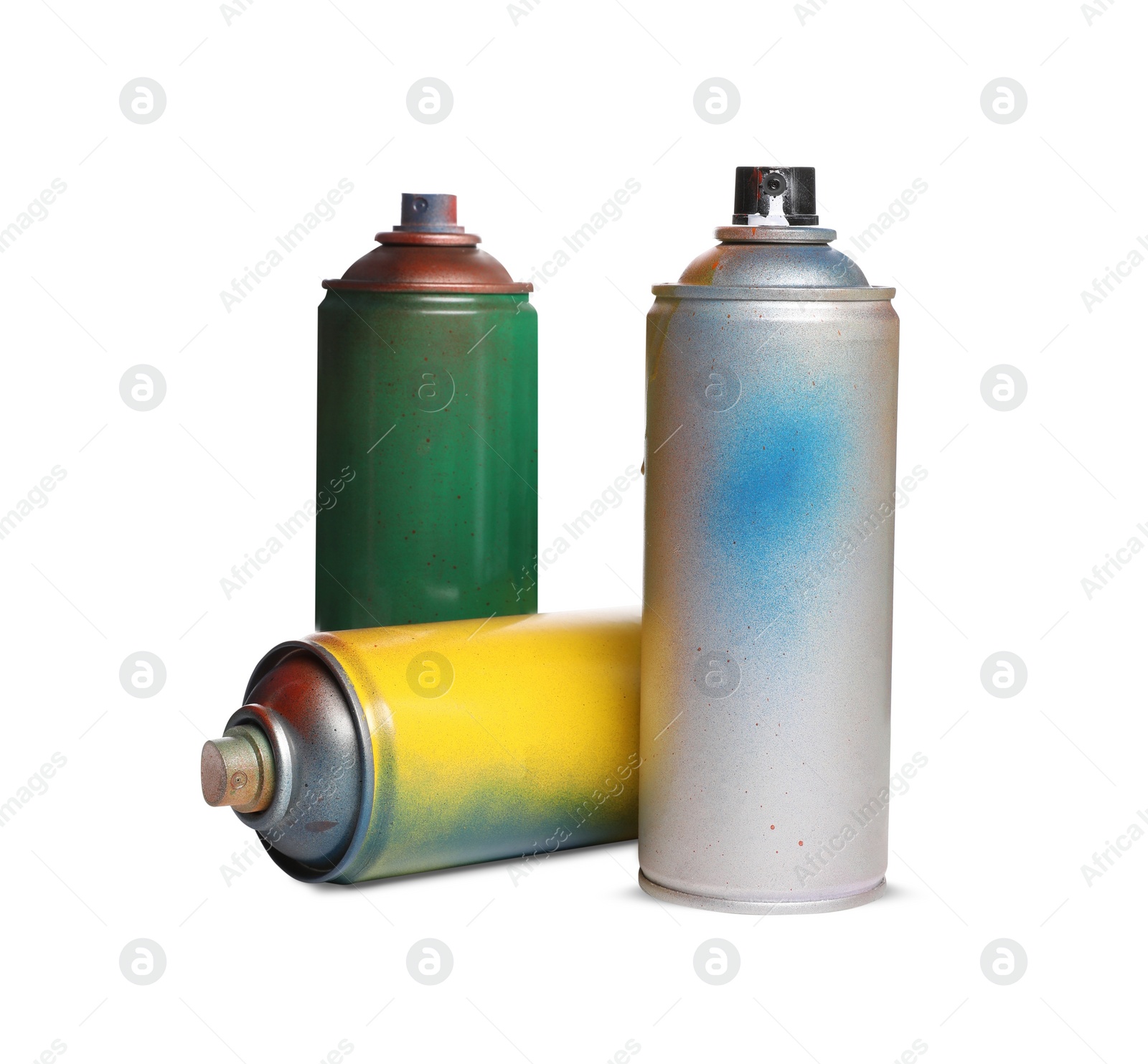 Photo of Used cans of spray paints on white background