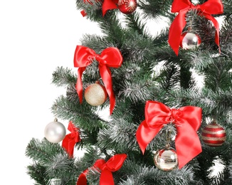 Beautiful Christmas tree with decor on white background, closeup. Celebration time