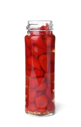 Photo of Jar with pickled hot peppers on white background