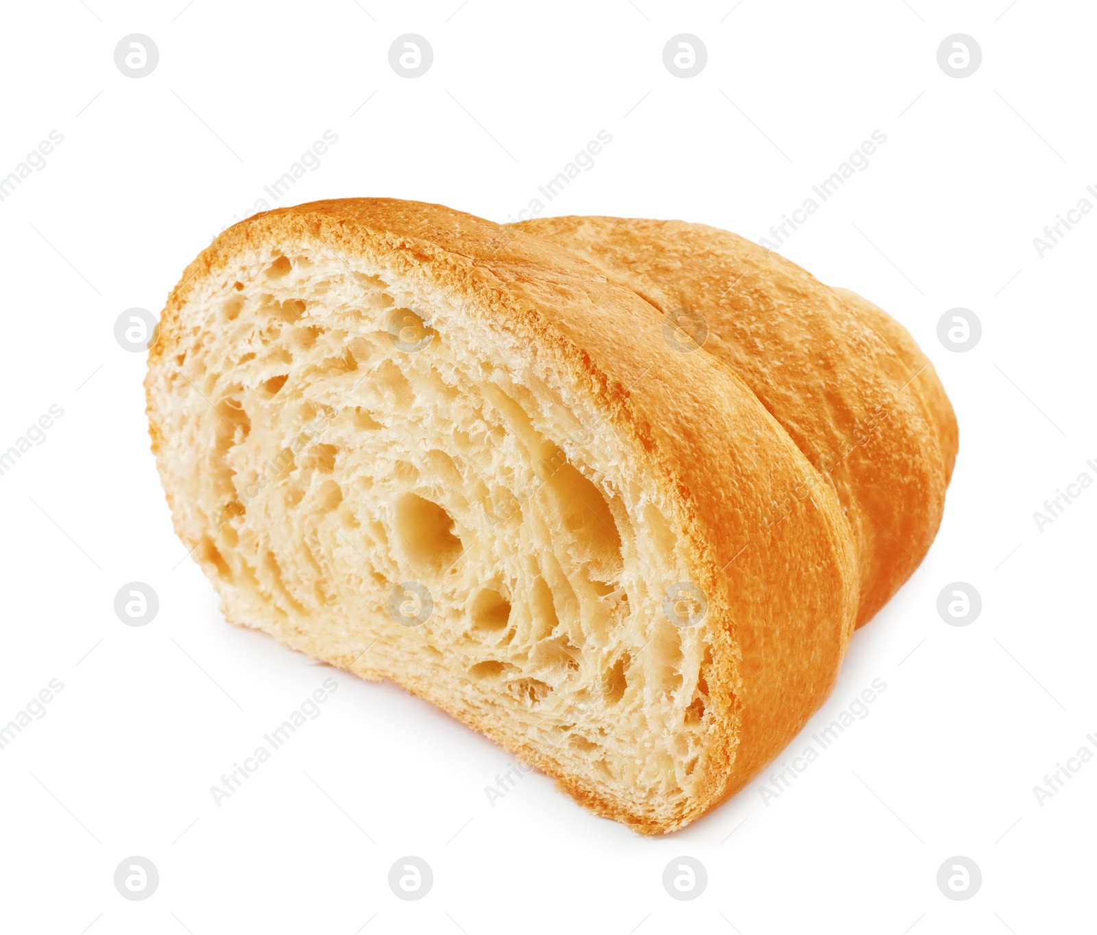 Photo of Delicious cut croissant isolated on white. Fresh pastry