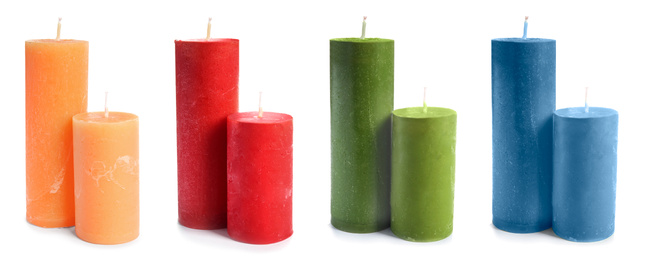 Image of Set of color wax candles on white background. Banner design