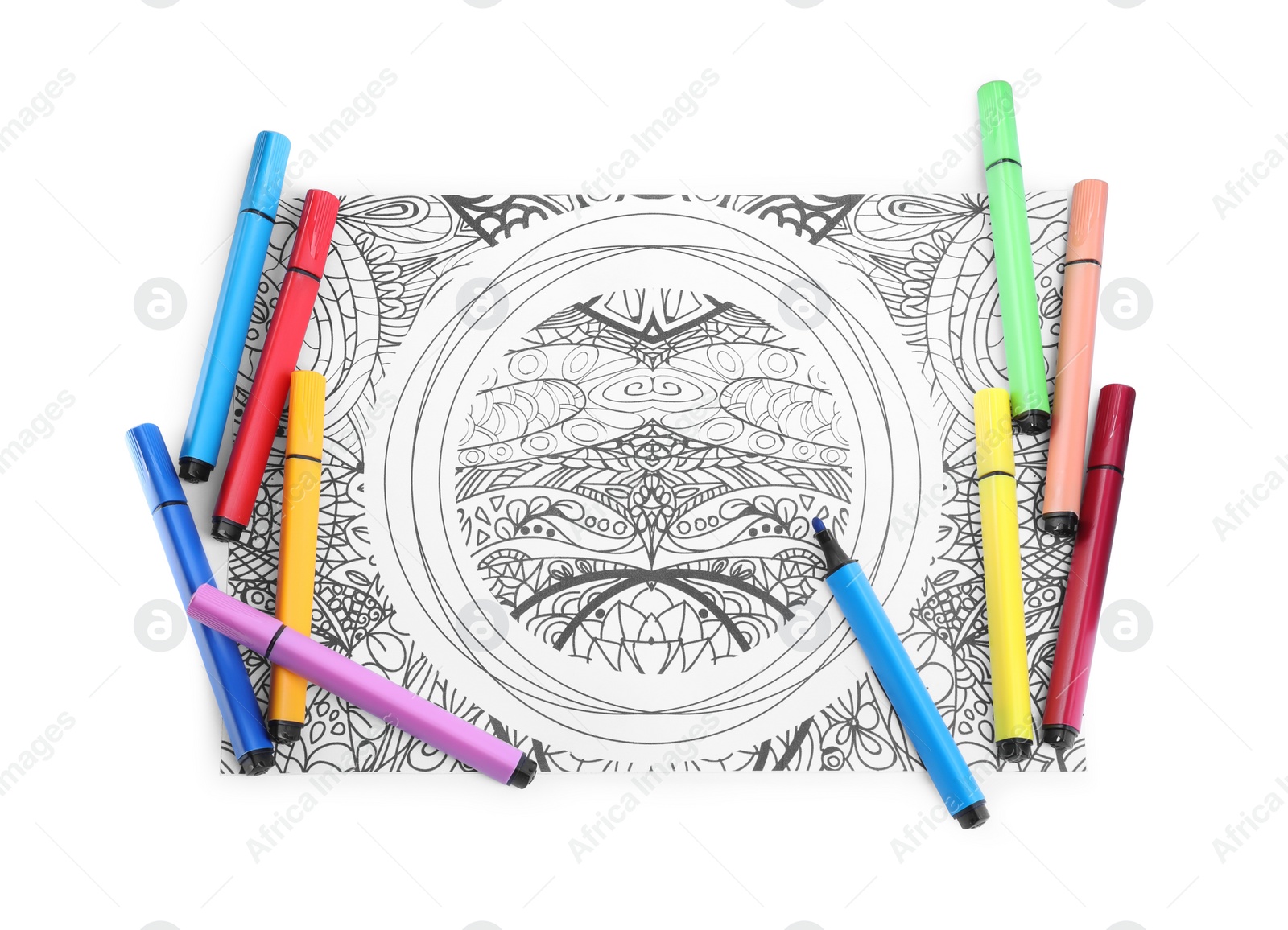 Photo of Antistress coloring page and felt tip pens on white background, top view