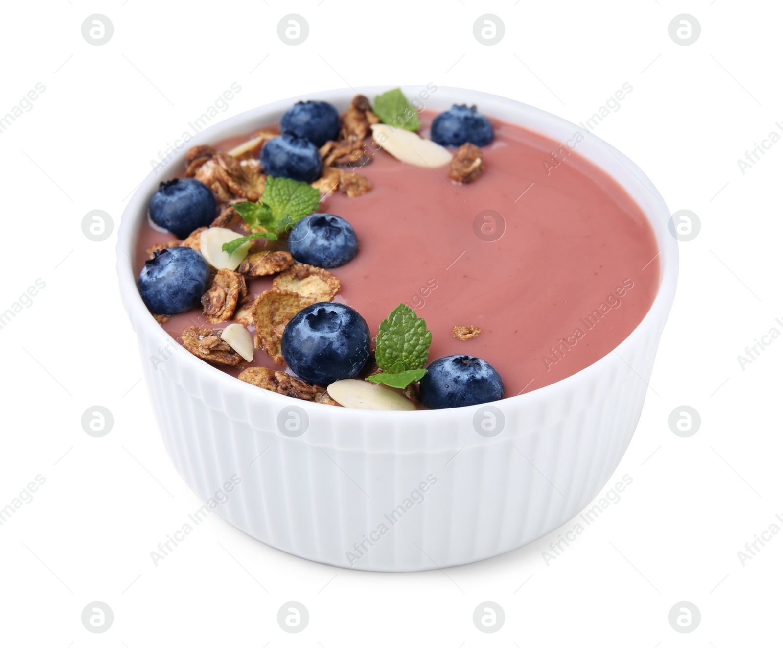 Photo of Bowl of delicious smoothie with fresh blueberries and granola isolated on white