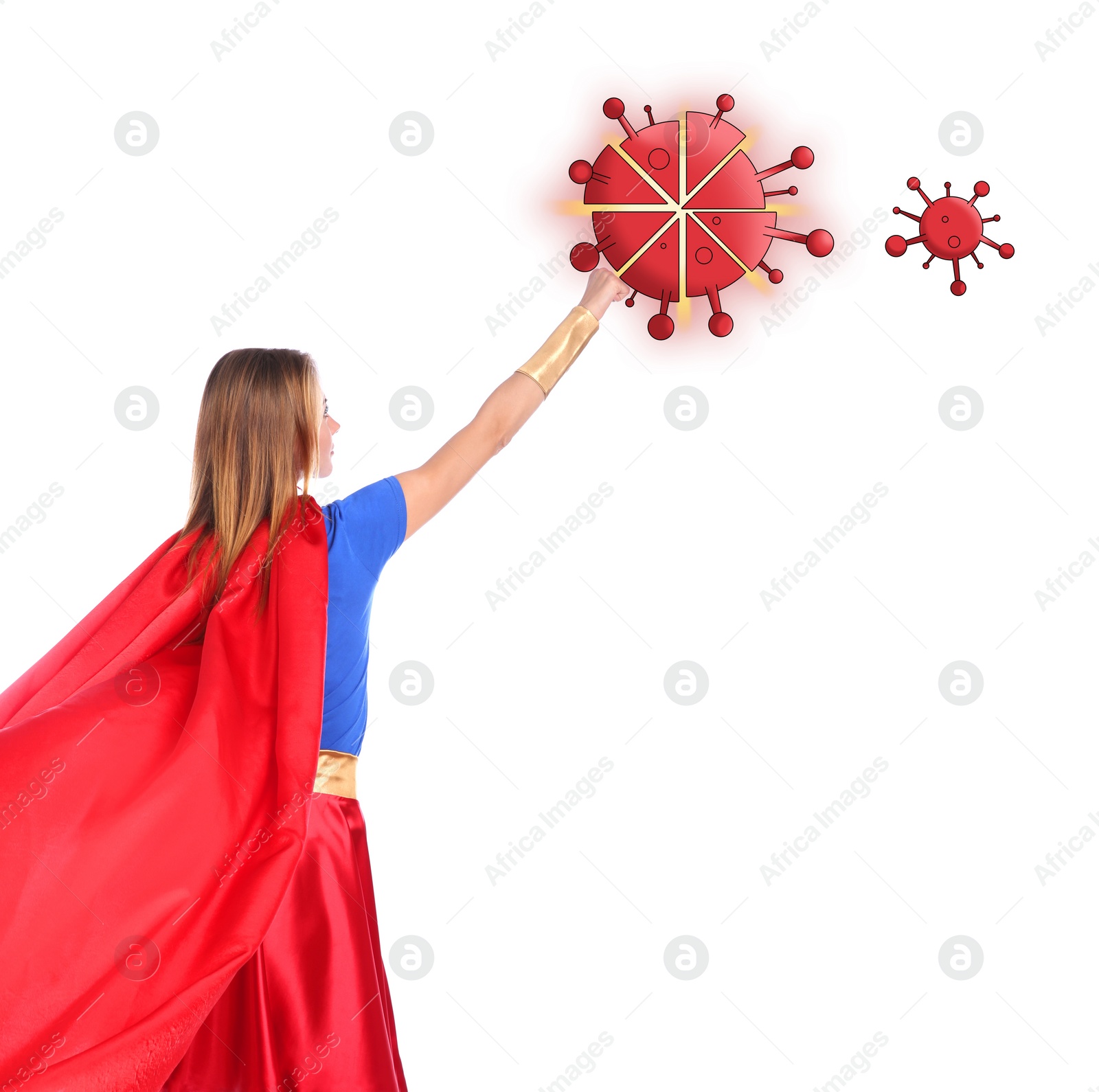 Image of Young woman wearing superhero costume fighting against viruses on white background