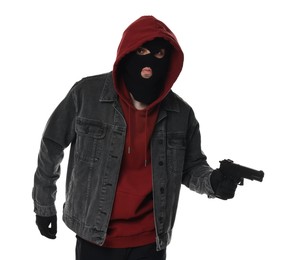 Photo of Thief in balaclava with gun on white background