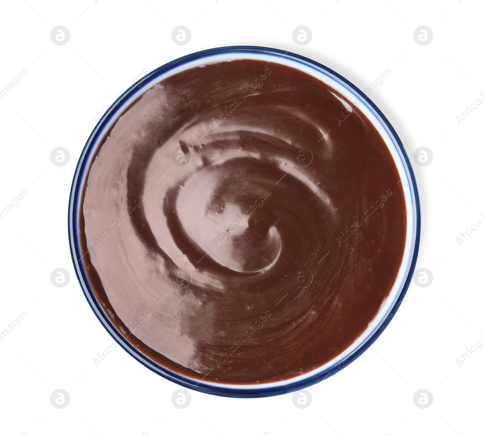 Photo of Delicious chocolate cream in bowl on white background, top view