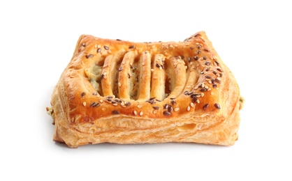 Photo of Fresh tasty puff pastry on white background