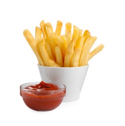 Photo of Bowl of delicious french fries with ketchup on white background