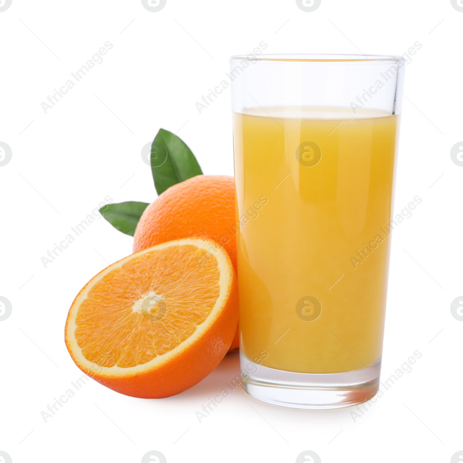 Photo of Glass of orange juice and fresh fruit isolated on white