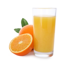 Photo of Glass of orange juice and fresh fruit isolated on white