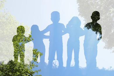 Silhouettes of children, sky and trees outdoors, double exposure