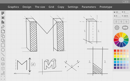 Image of Sketch of letter M on graphic tablet. Illustration