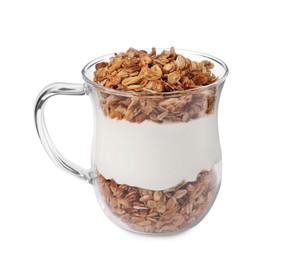 Photo of Cup of yogurt with granola isolated on white