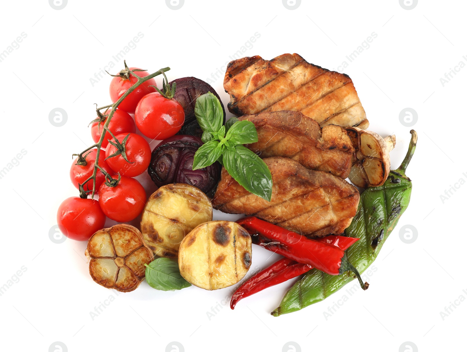 Photo of Tasty grilled vegetables, meat, fresh cherry tomatoes and basil isolated on white, top view