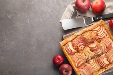 Photo of Tasty apple pie with nuts, fresh fruits and cake server on grey table, flat lay. Space for text
