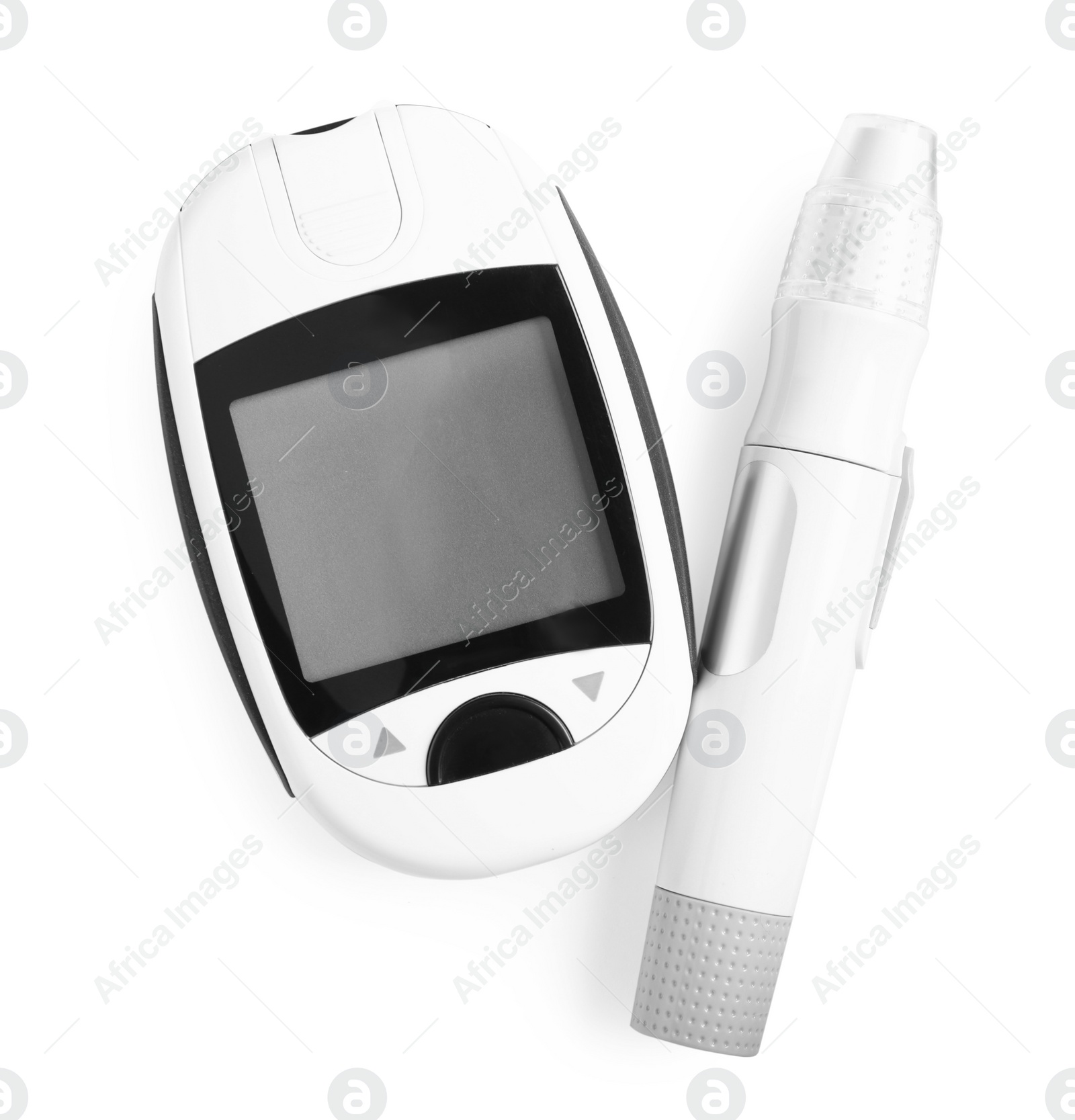 Photo of Glucometer and lancet pen on white background, top view. Diabetes testing kit