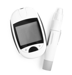 Photo of Glucometer and lancet pen on white background, top view. Diabetes testing kit