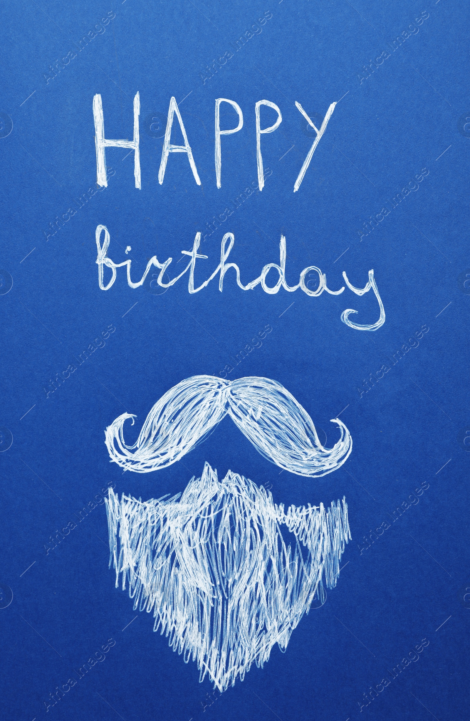 Photo of Words HAPPY BIRTHDAY and drawn beard with mustache on blue background, top view