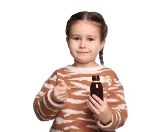Photo of Cute girl holding bottle and measuring spoon with cough syrup on white background. Effective medicine