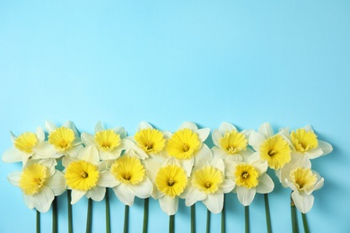 Photo of Flat lay composition with daffodils and space for text on color background. Fresh spring flowers