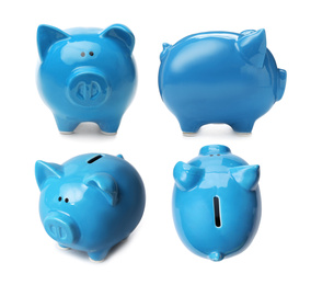 Image of Set with blue piggy bank on white background