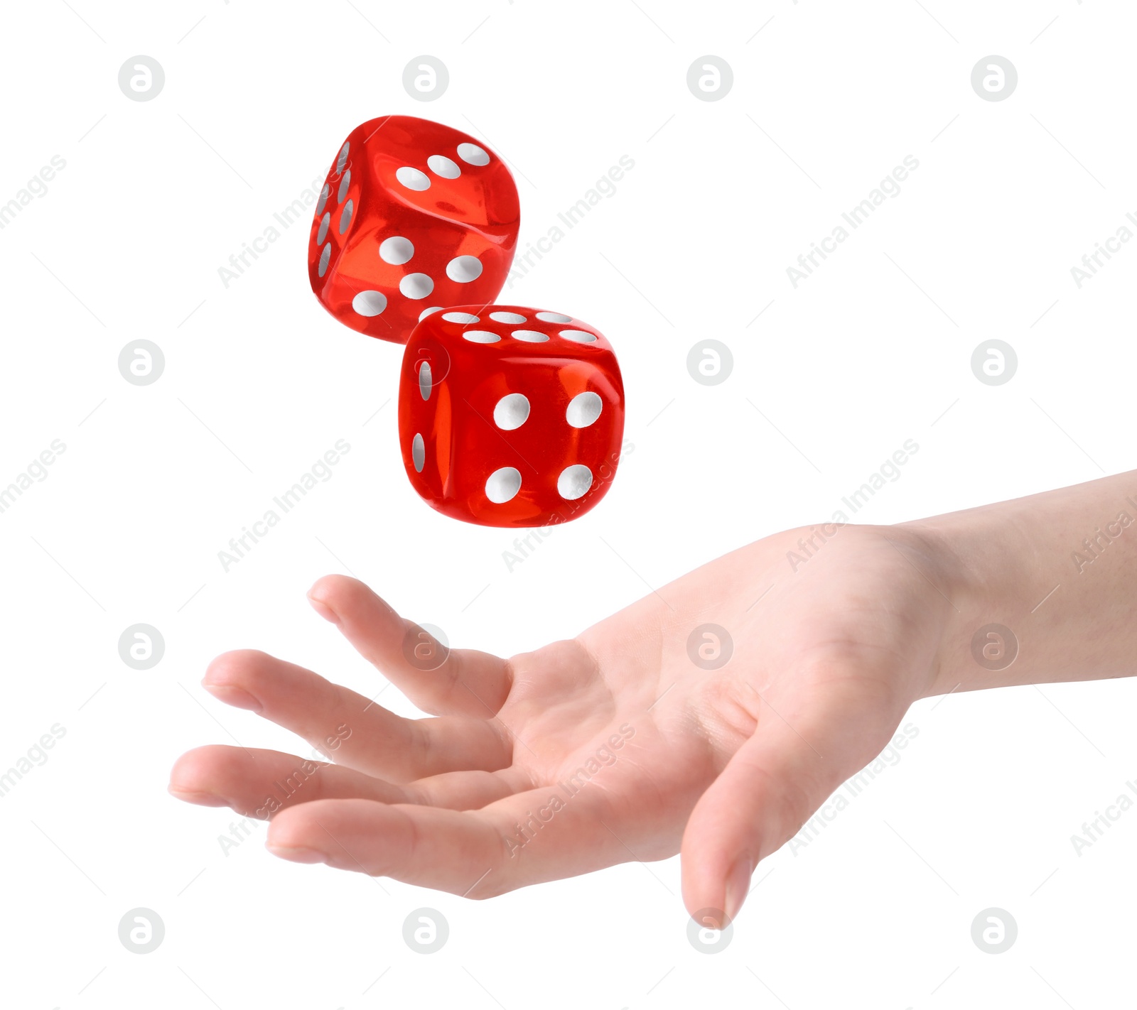 Image of Woman throwing red dice on white background, closeup