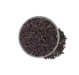 Photo of Bowl with raw black rice isolated on white, top view