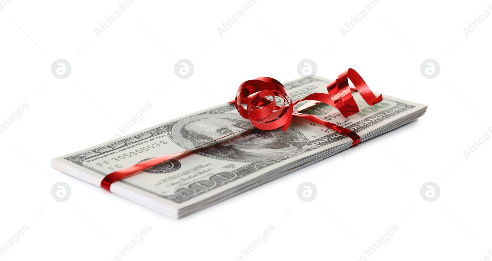 Photo of Stack of dollar banknotes with ribbon on white background