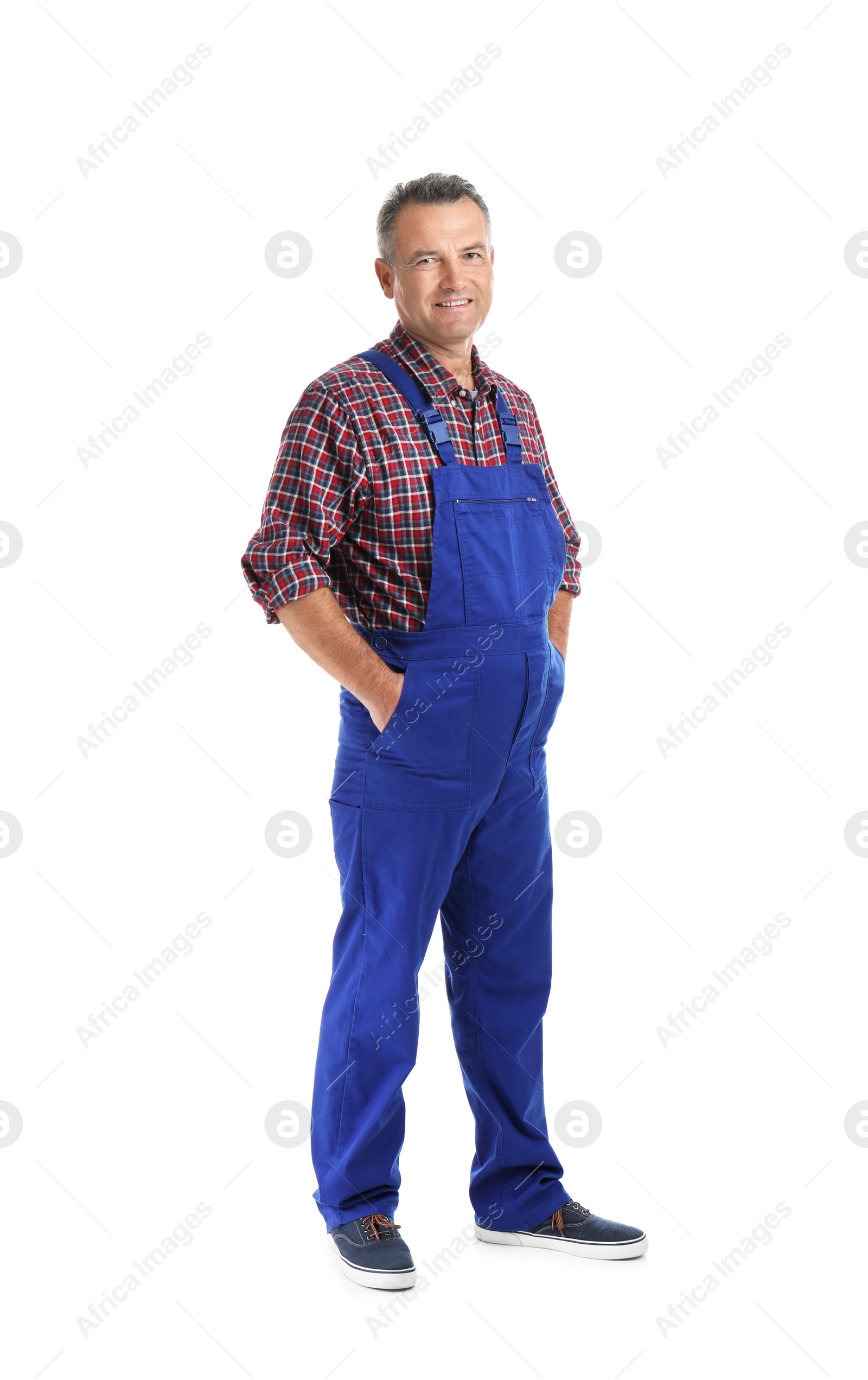 Photo of Full length portrait of electrician wearing uniform on white background