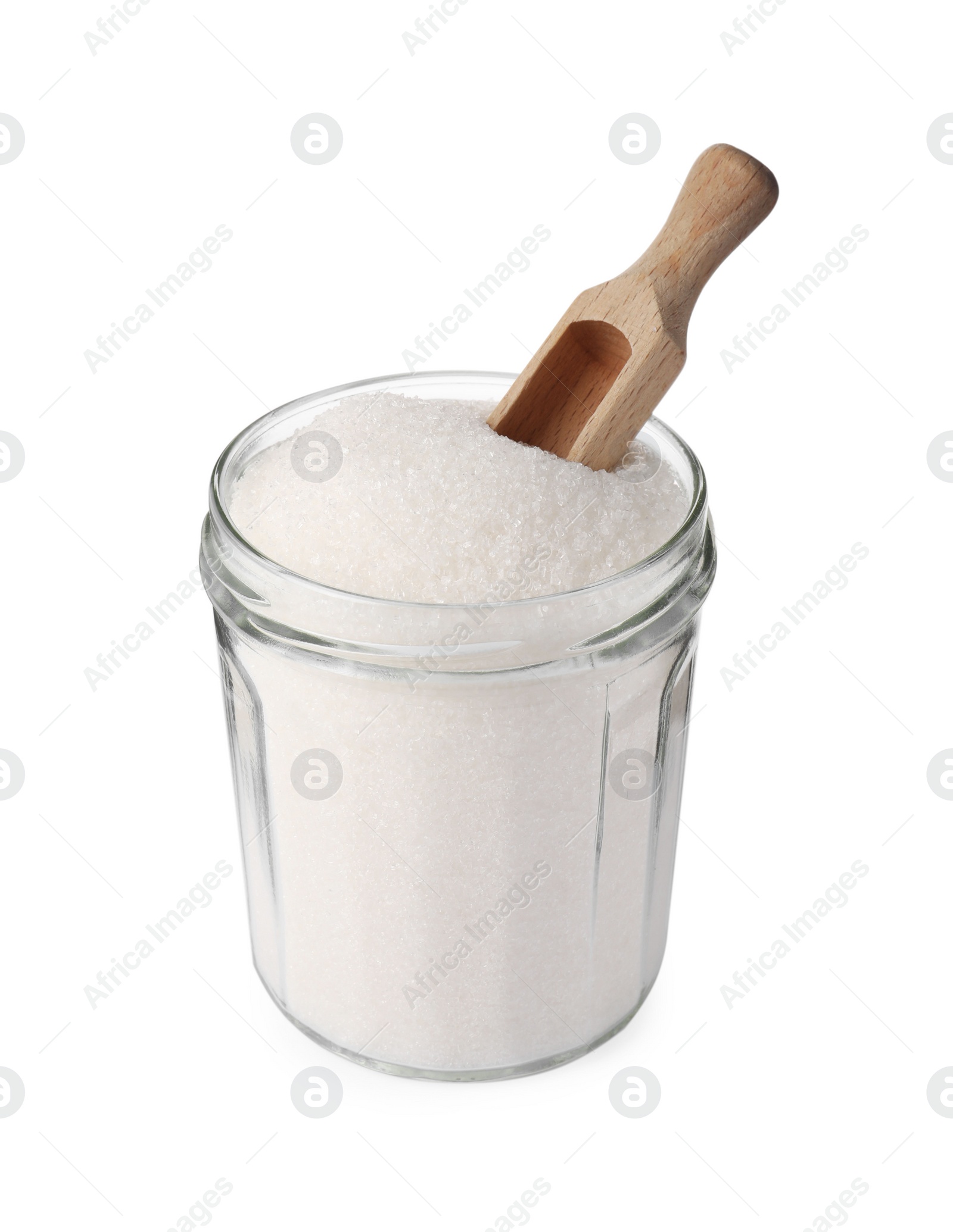 Photo of Glass jar of granulated sugar with scoop isolated on white