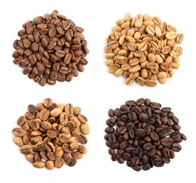Image of Set with roasted coffee beans on white background, top view 