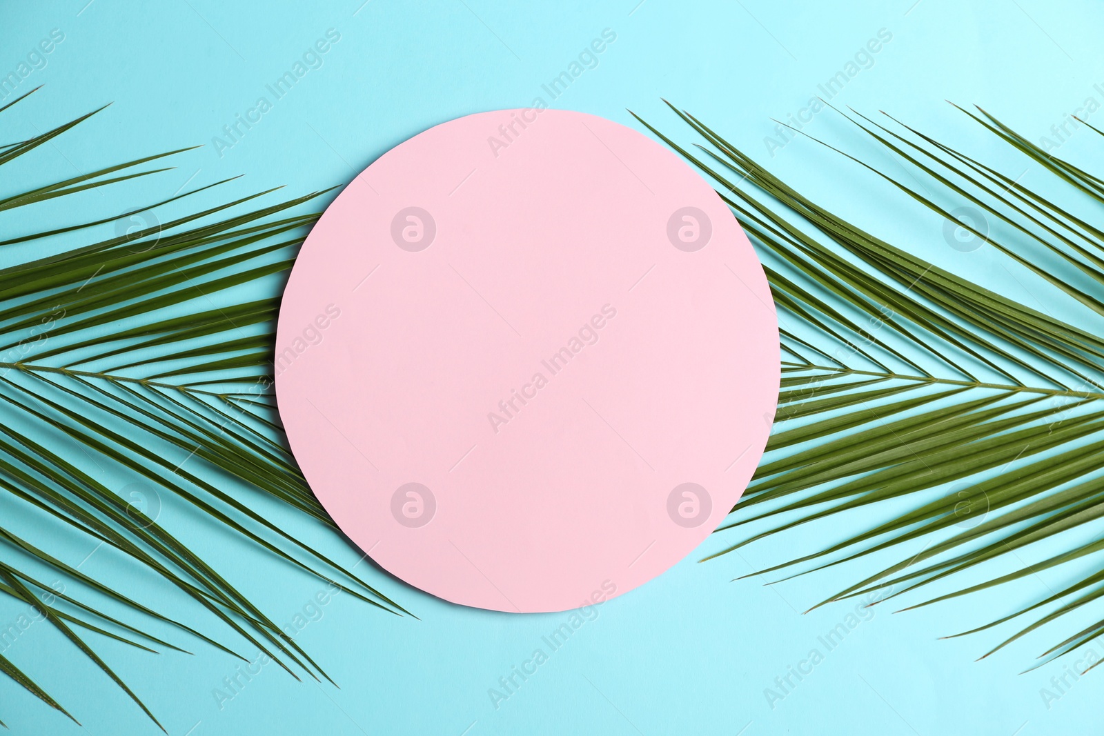 Photo of Blank card with tropical leaves on color background, top view